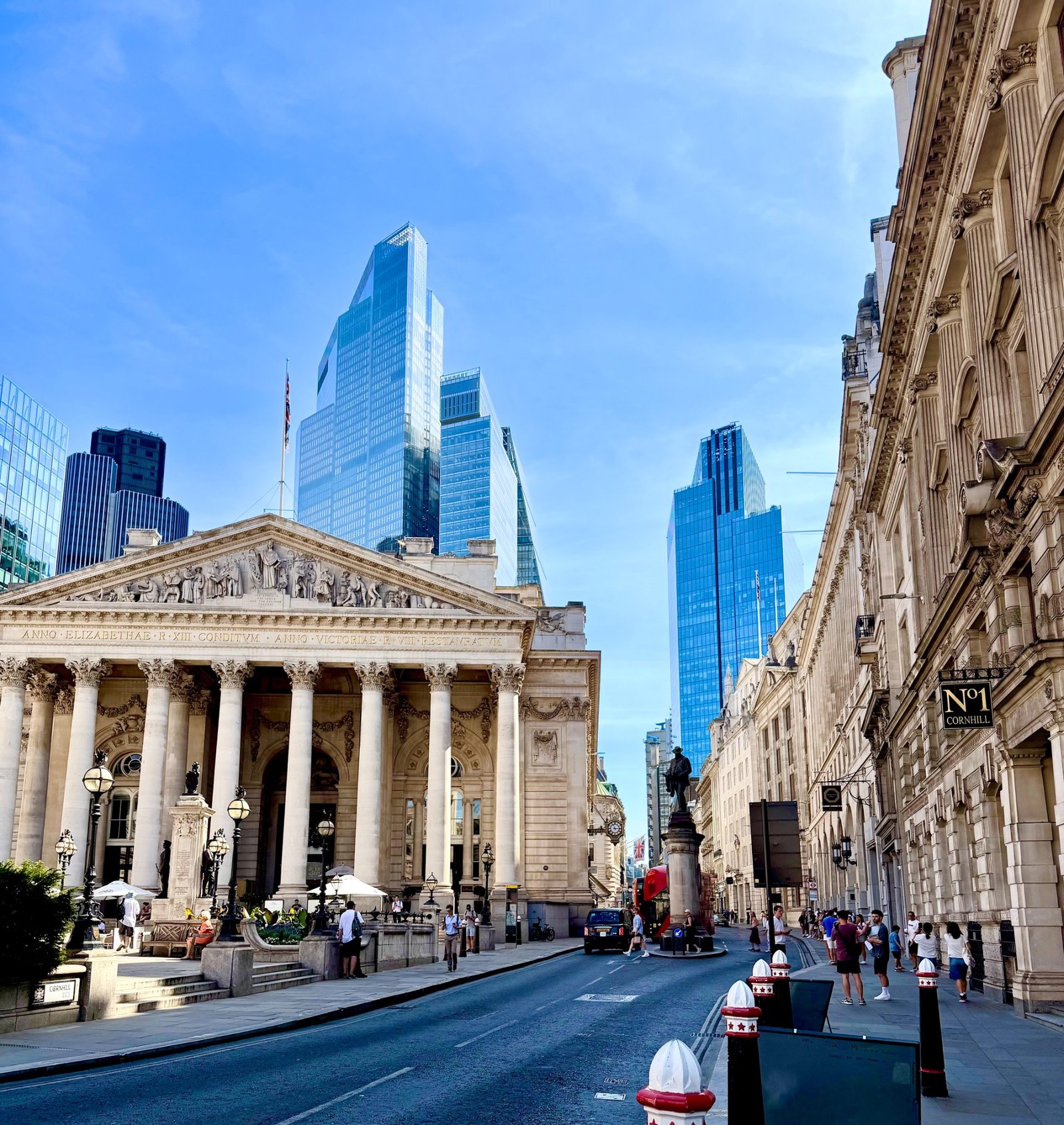 View of the Royal Exchange and City of London financial district from Cornhill