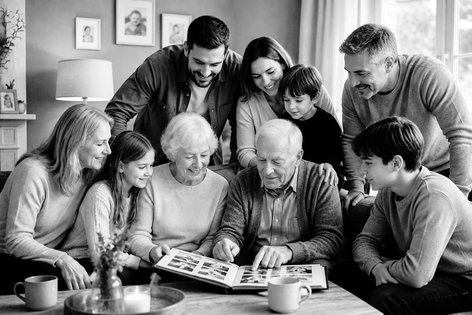 A multigenerational family looking through a photograph album together
